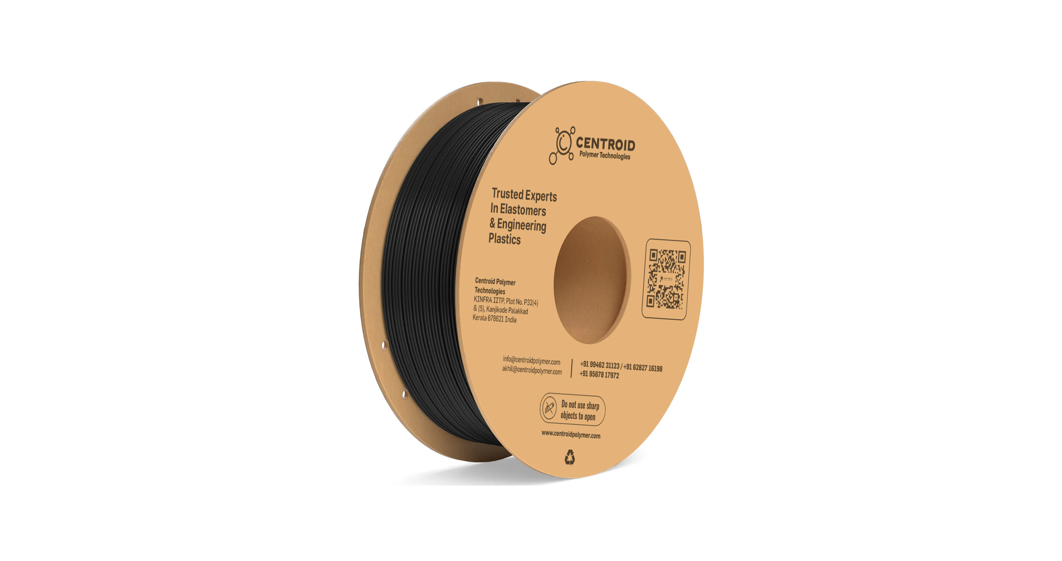 Spool design for Centroid Polymer Technologies featuring black elastomer material with branding, QR code, and contact details, emphasizing expertise in elastomers and engineering plastics